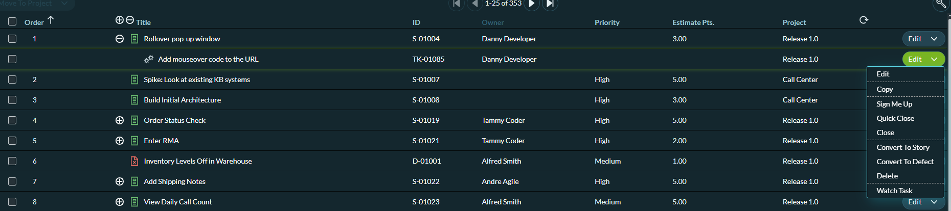 The Backlog Details grid display