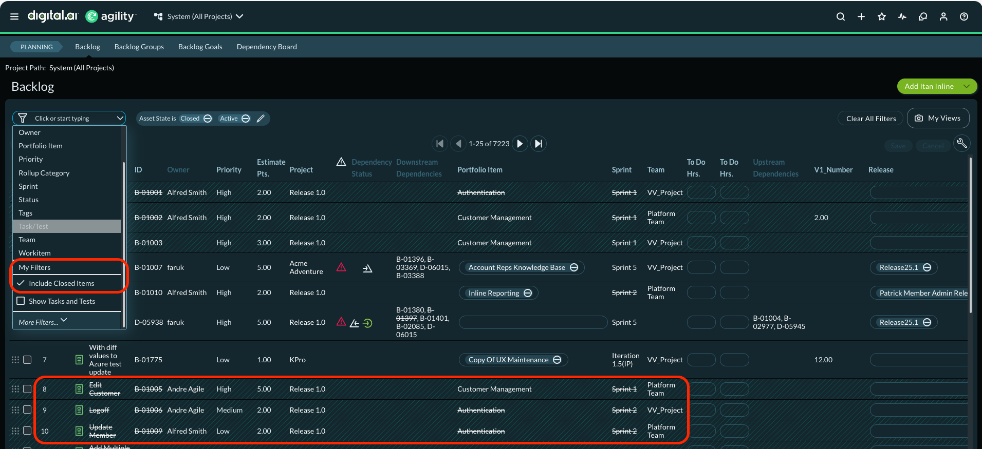 The backlog view shows the Include Closed Items checkbox selected, and closed stories are visible with a strikethrough