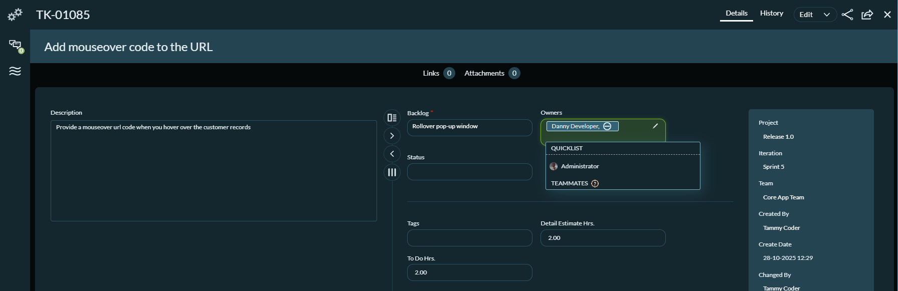 The task dialog box shows the Owners field