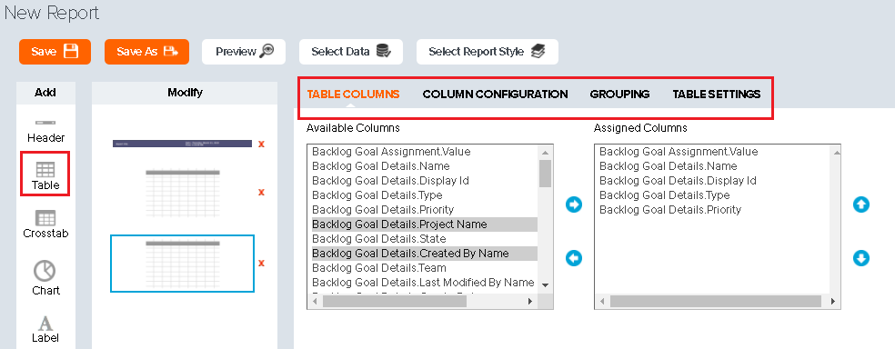 Analytics Custom Report table
