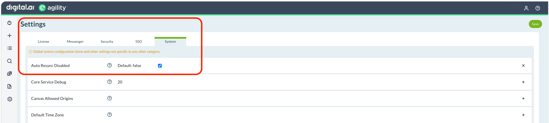 The System settings tab in Agility Sync with the Auto Resync Disabled checkbox selected