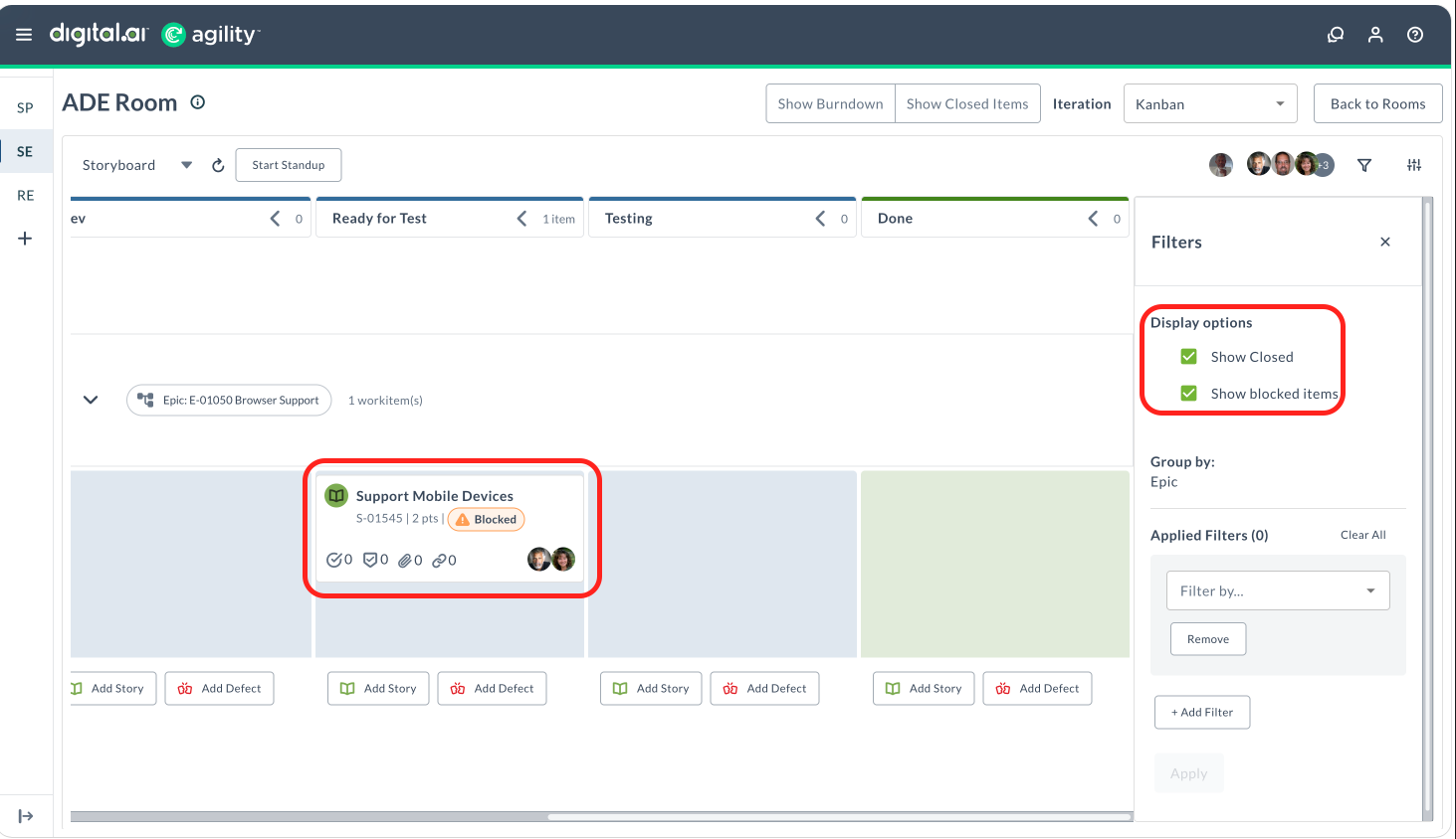 The Storyboard filter panel shows the Show blocked items option under Display options
