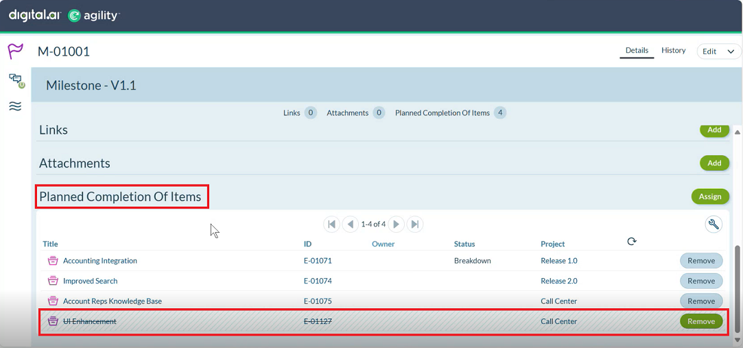 Closed Portfolio Items in Milestone Asset window