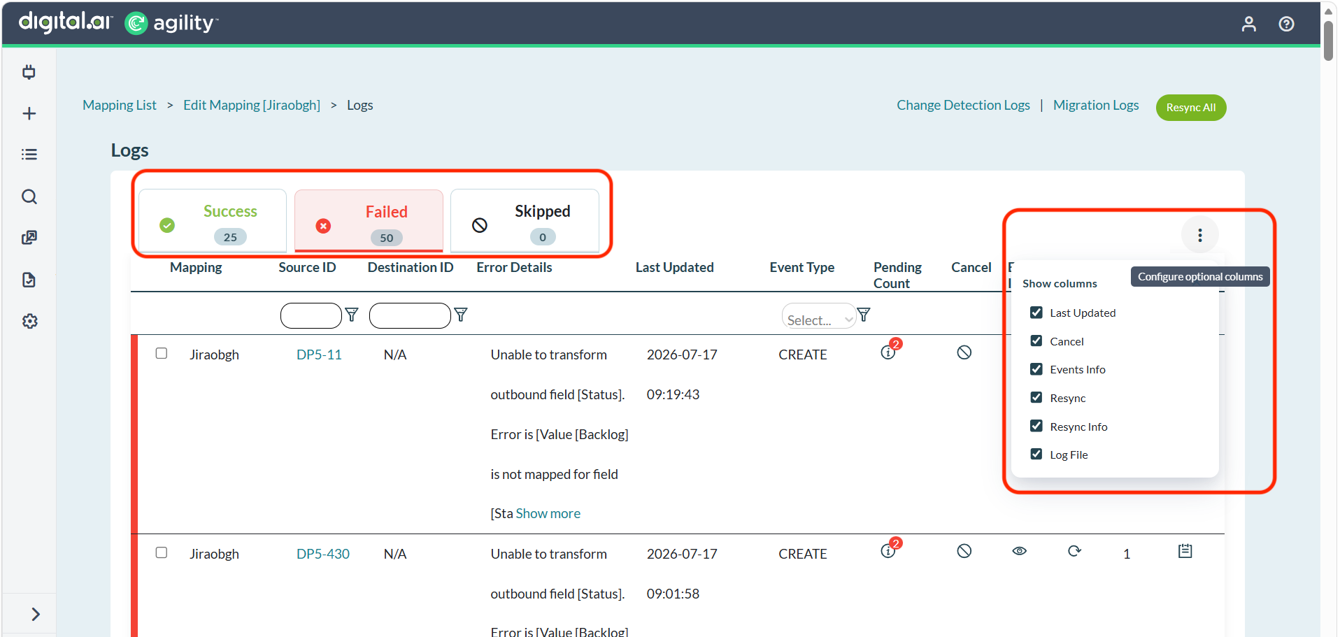 Configure columns using the options (three dots) menu on the View Logs page