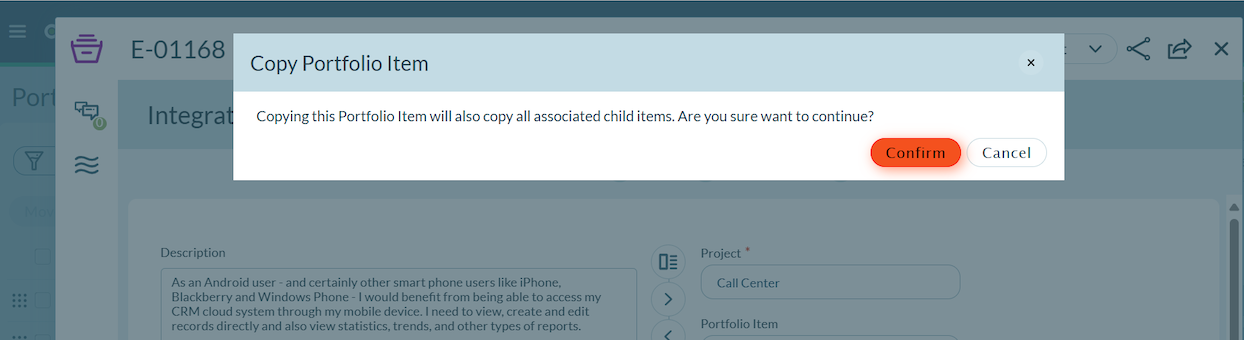 Confirmation Message for Portfolio Item