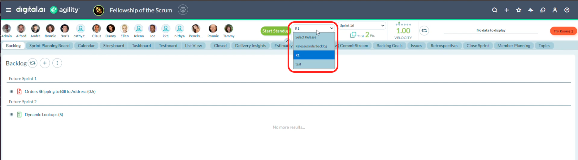 The TeamRoom header in Agility Core with the release list open next to the Start Standup button, showing the Select Release default and the available releases