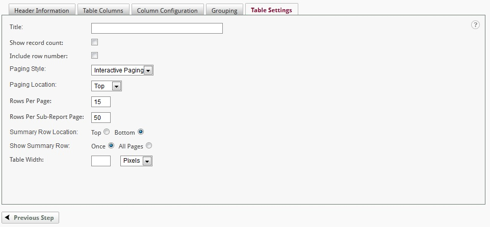 Table Settings tab