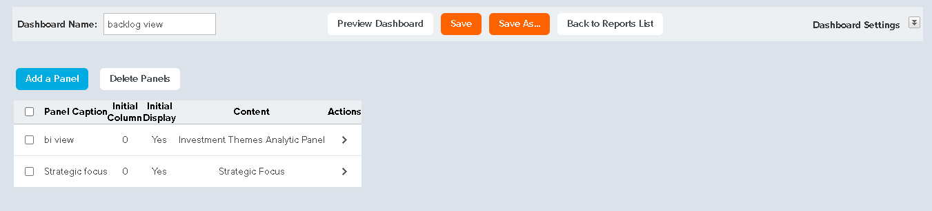 Custom Reports Dashboard Panel
