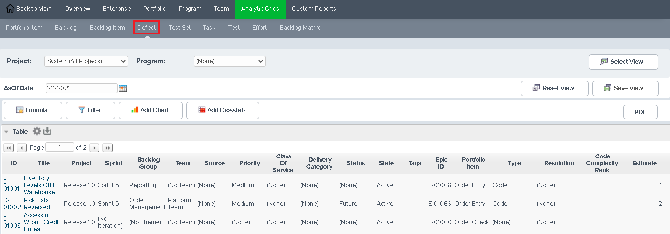 Defect Analytics Grid