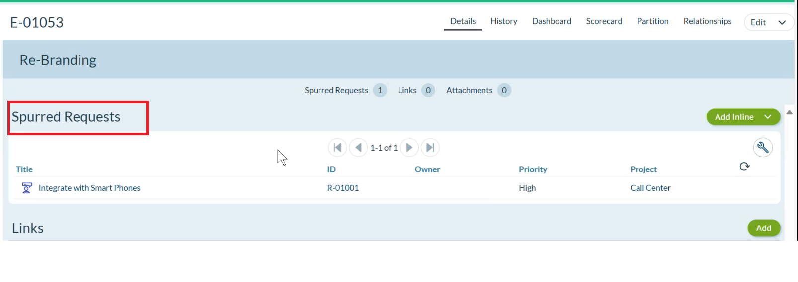 Spurred Requests grid in Epic detail view