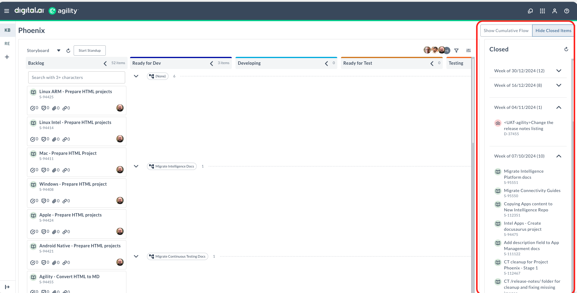 Kanban view with closed items panel