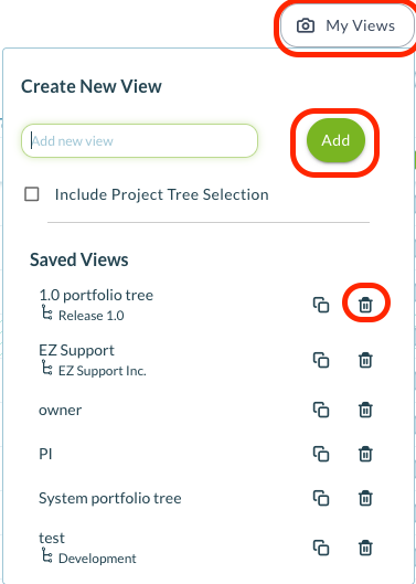 My Views dropdown showing saved view options