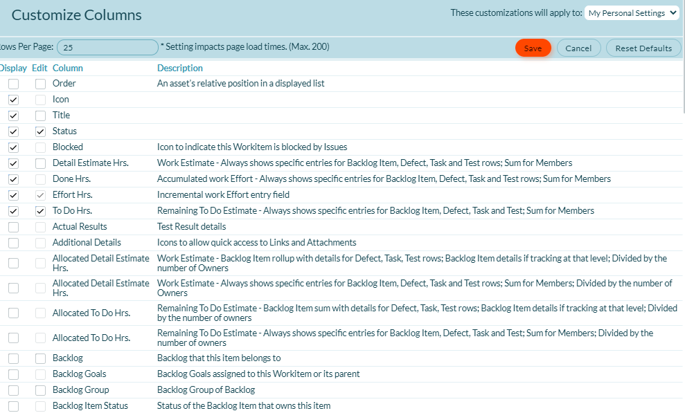 My Home Customize Columns