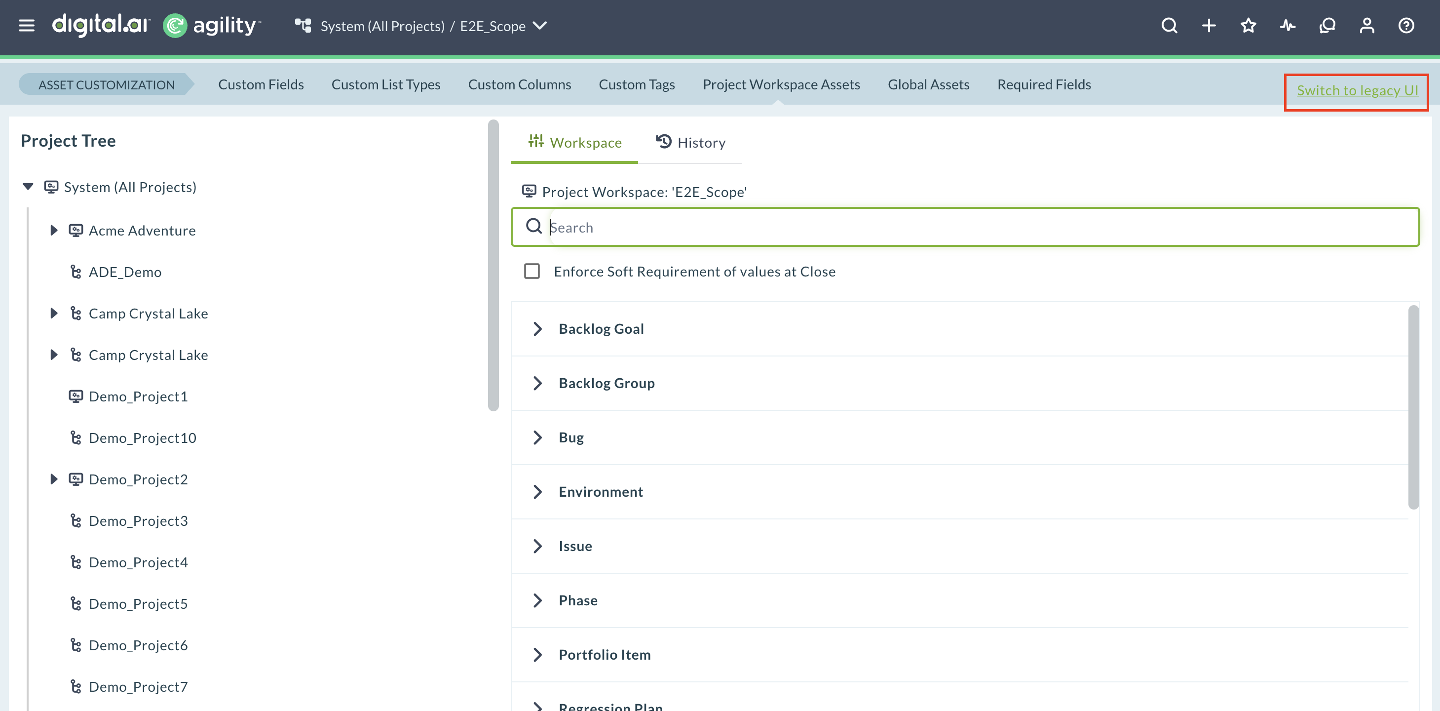 The Project Workspace UI displays a modern interface for managing project assets and configuration