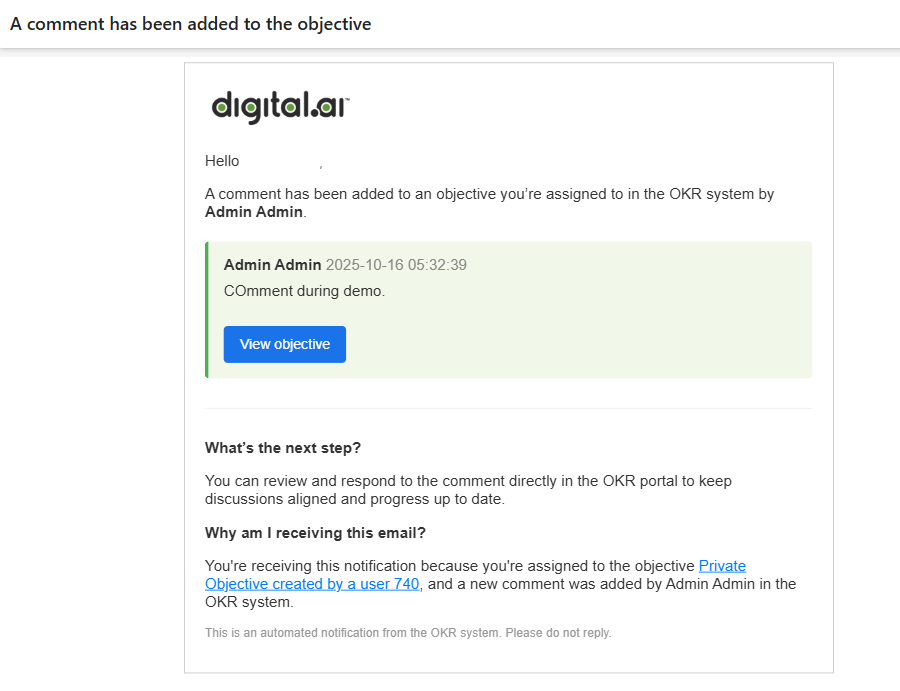 Comment notification email