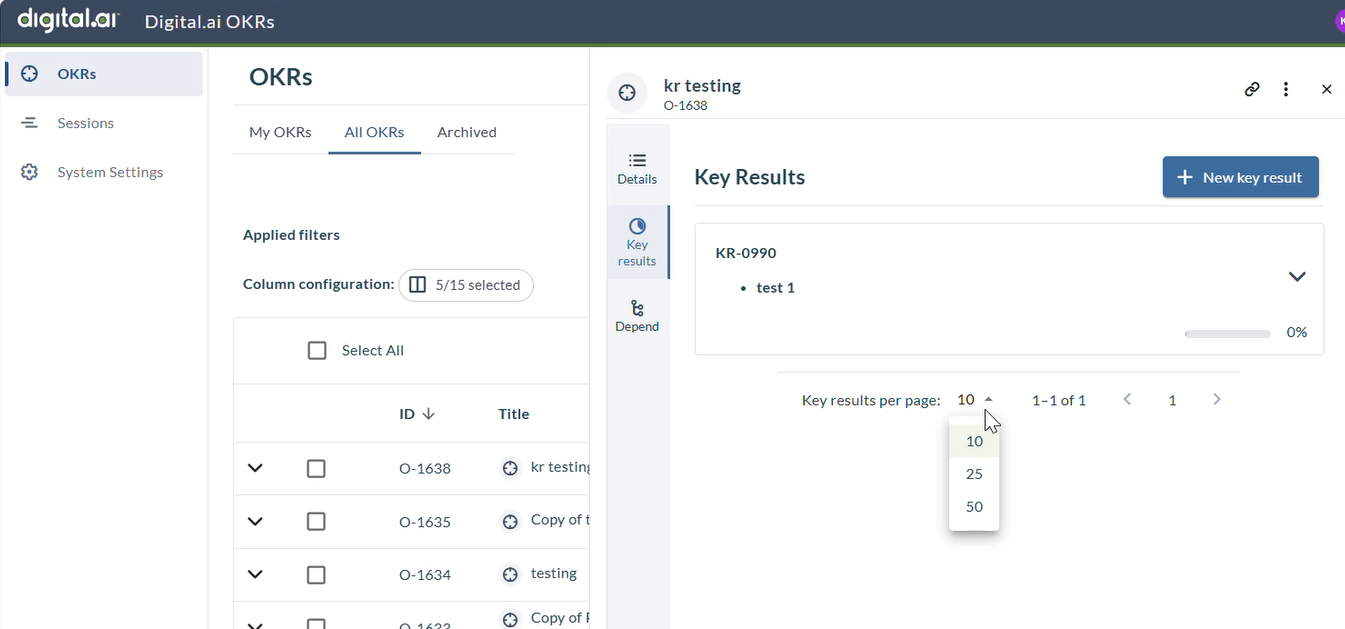 The Key Results tab shows the list of key results with pagination controls