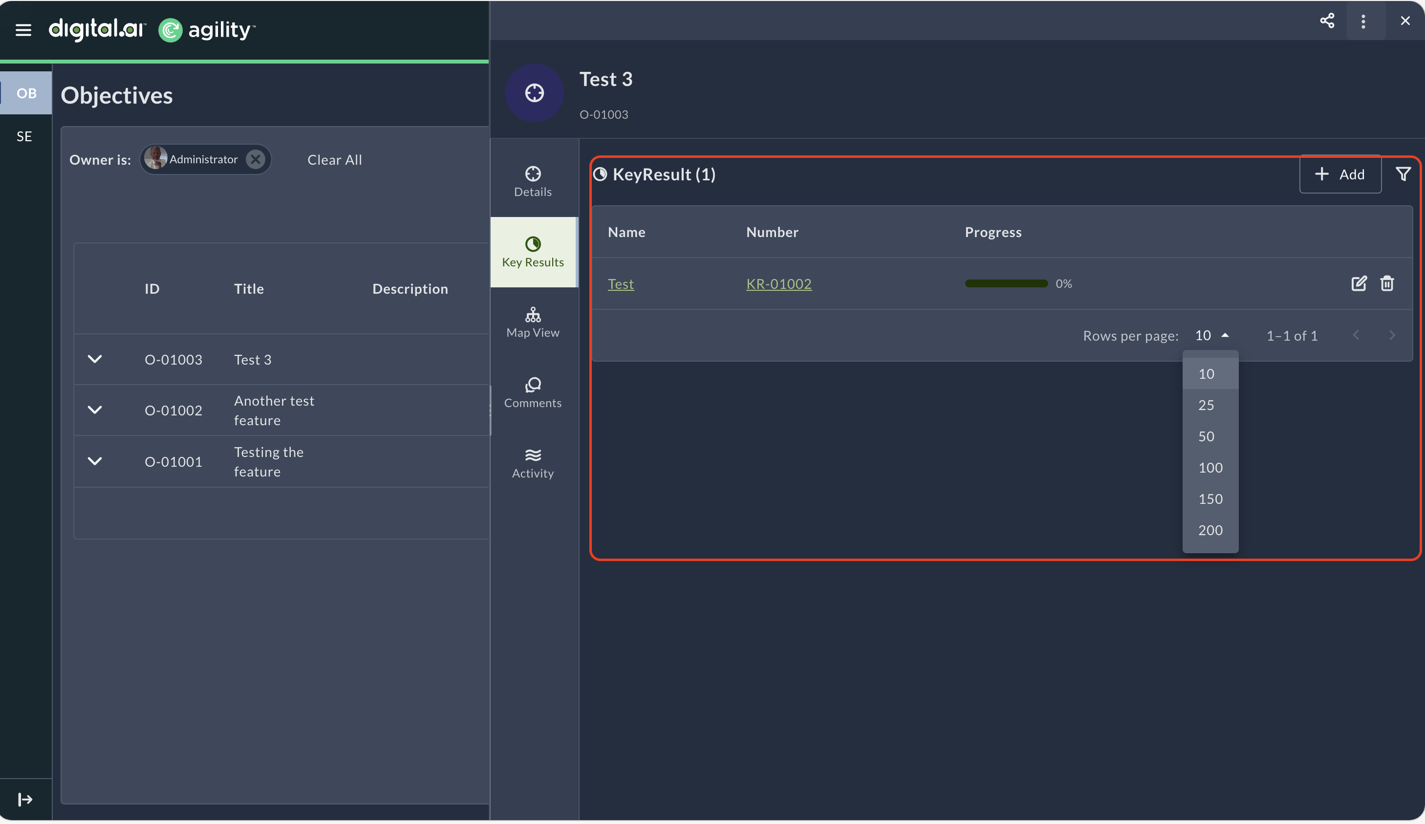 The Key Results tab shows the list of key results with pagination controls