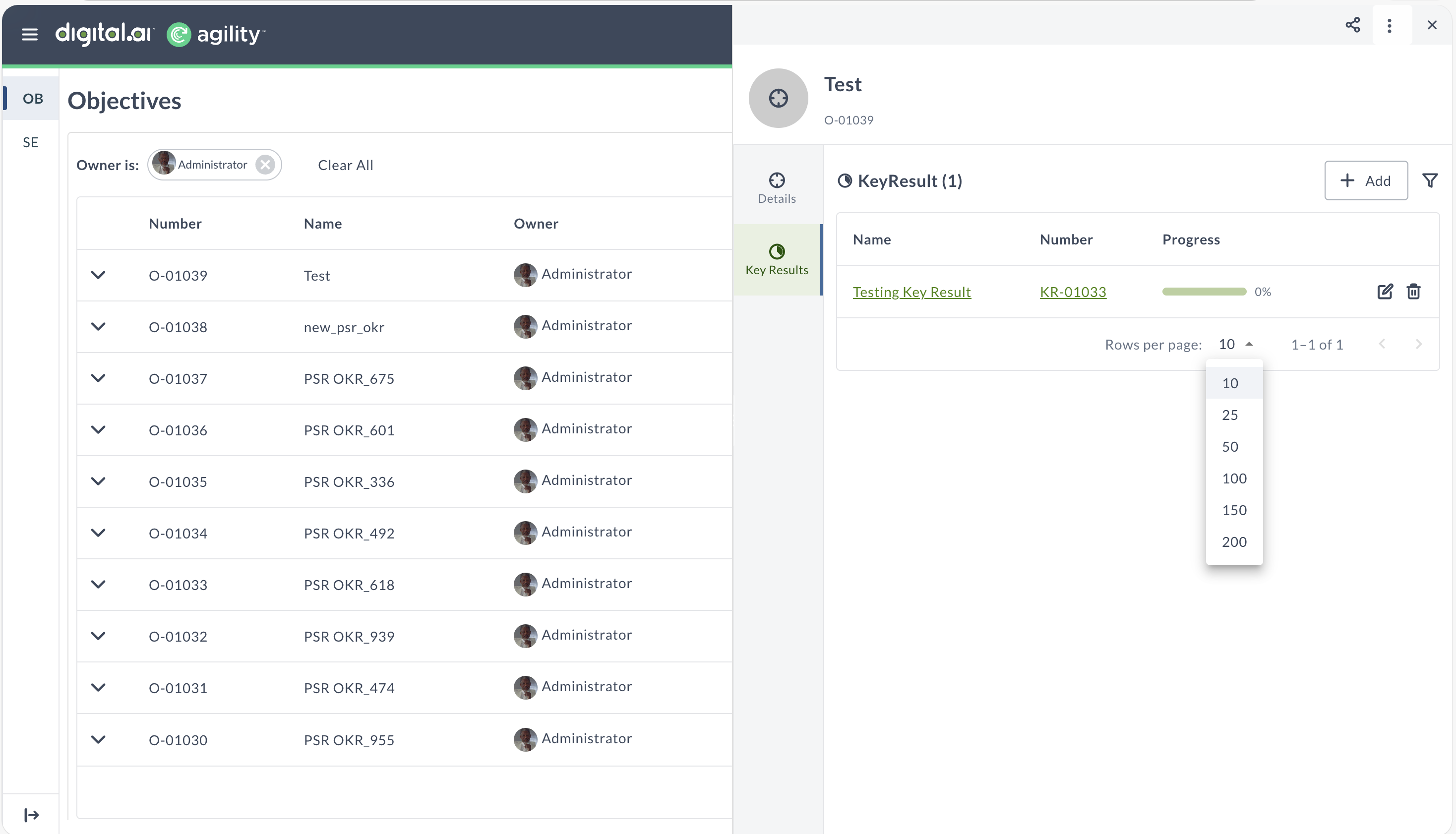 The Key Results tab shows the list of key results with pagination controls