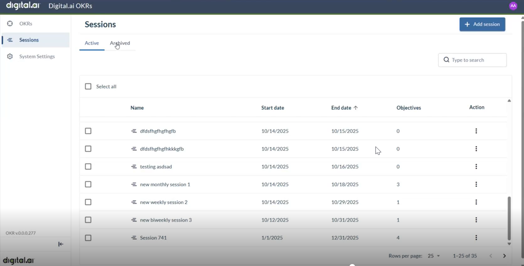 Active OKR sessions list