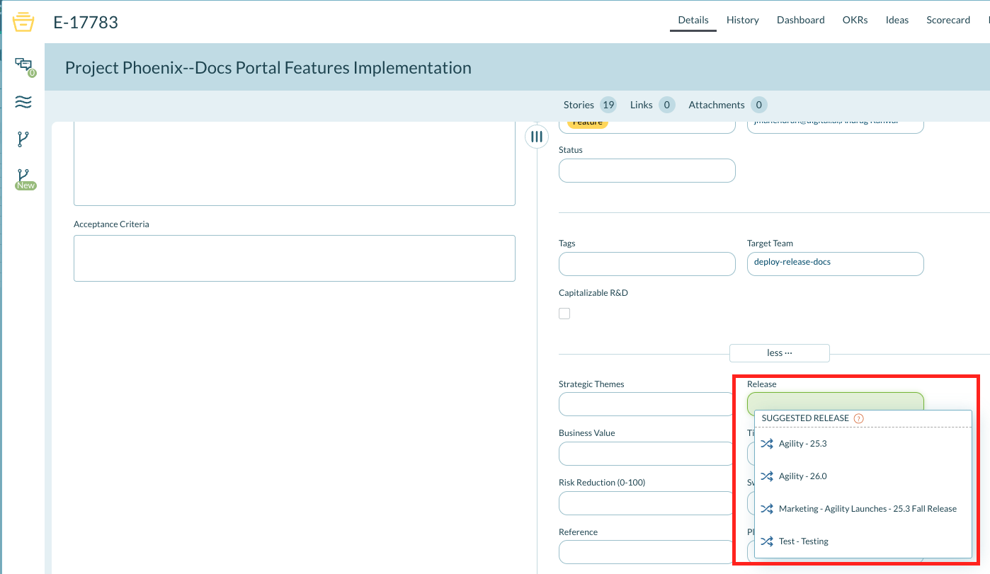 Portfolio item lightbox showing Release field with value stream and release selection
