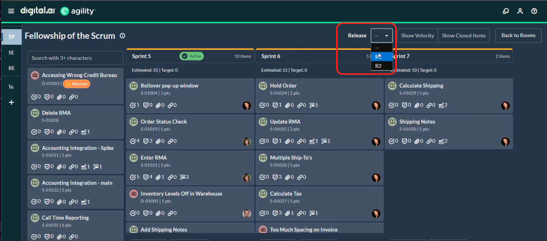 The Sprint Planning page in Rooms 2 with the Release filter open at the top right, showing the two-dash default and the available releases