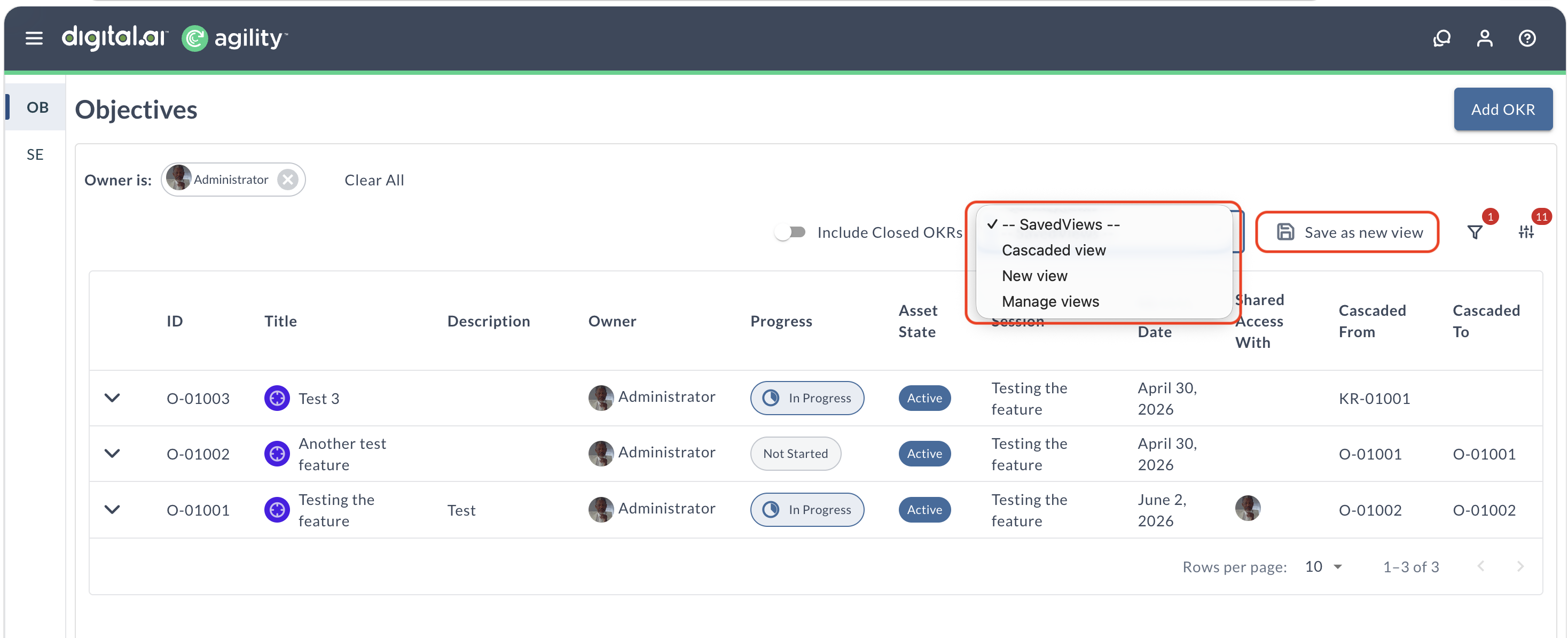Saved Views in OKRs · digital.ai Agility