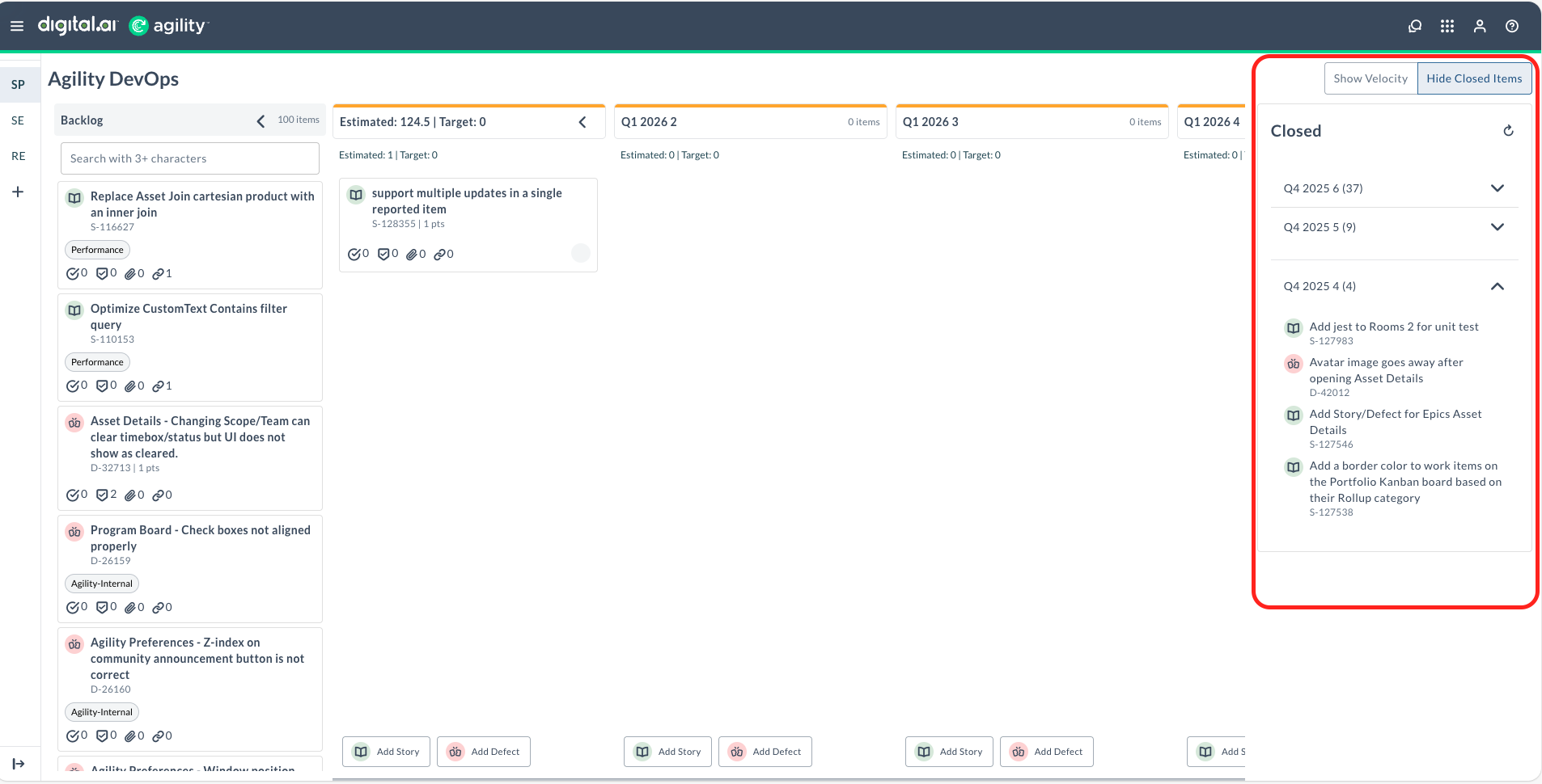 Sprint planning view with closed items panel