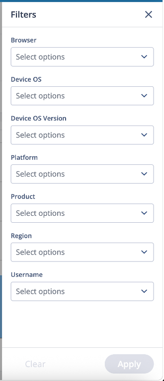 The Add Filter drawer on the Usage page, showing a select control for each available filter