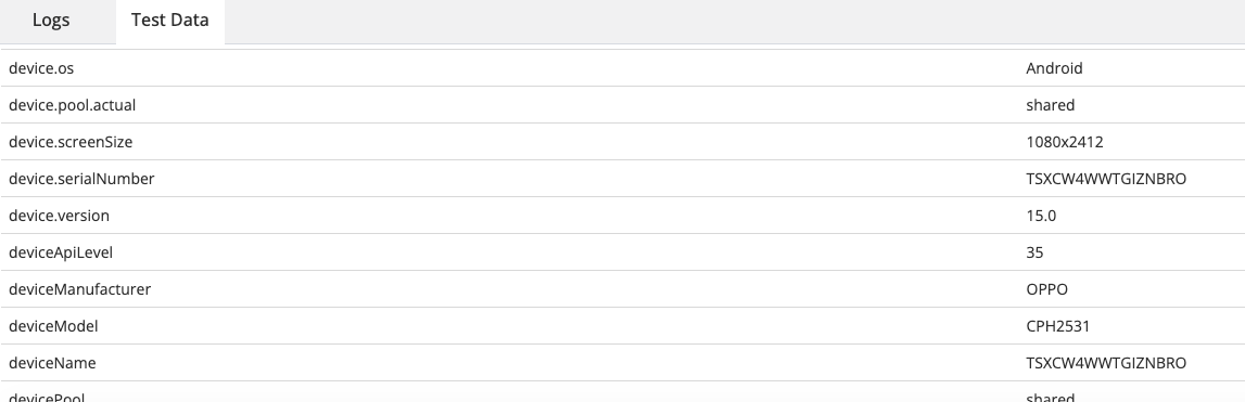 Test Report data showing the device.pool.actual field