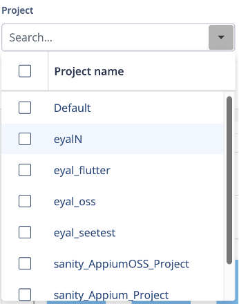 The Project filter open, showing a search box and a checkbox list of project names
