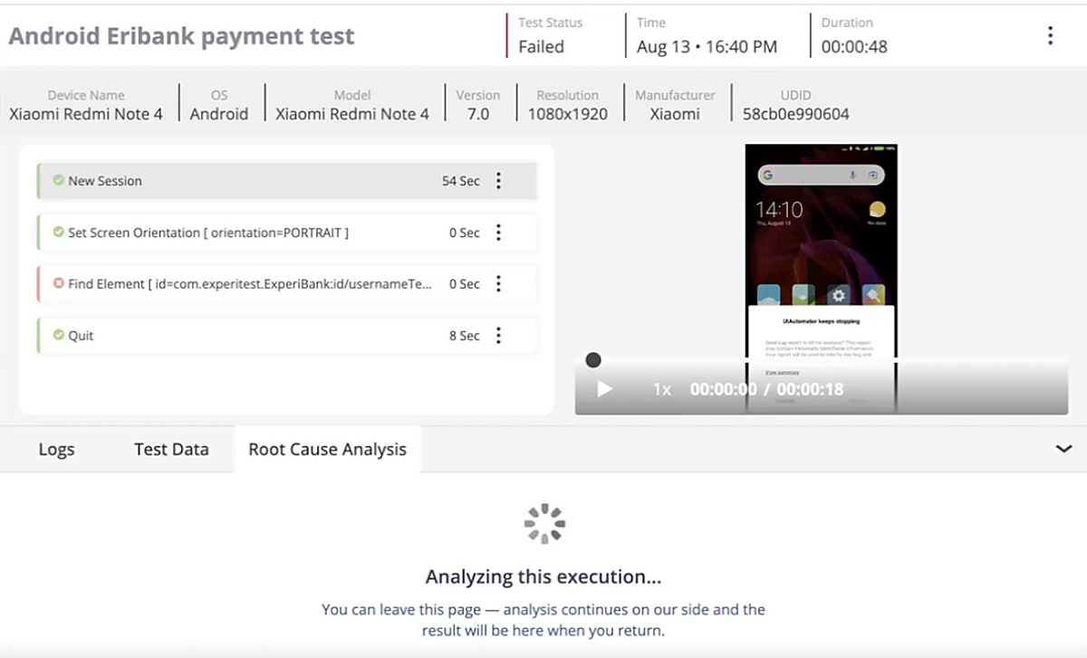 The Root Cause Analysis tab while the analysis runs, showing the Analyzing this execution loading state
