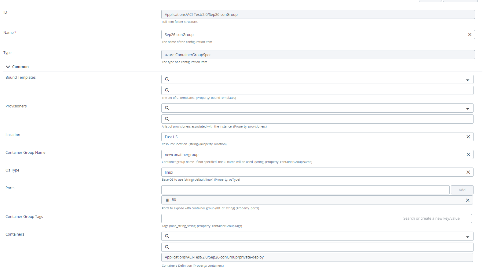 Deploy Azure Container Group spec - Fields