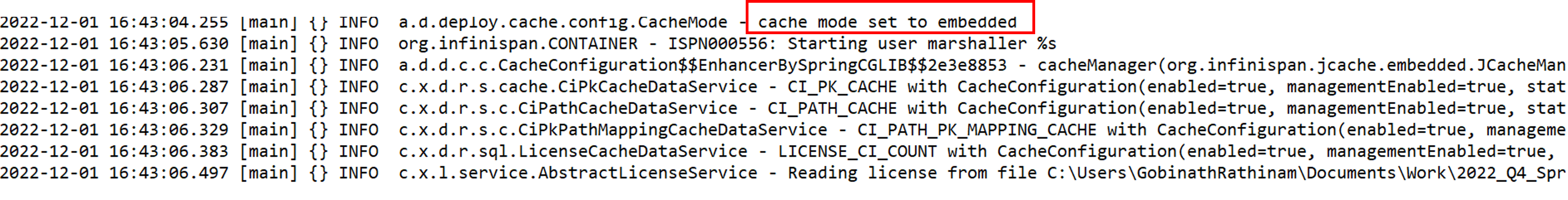 Log showing Embedded Cache success