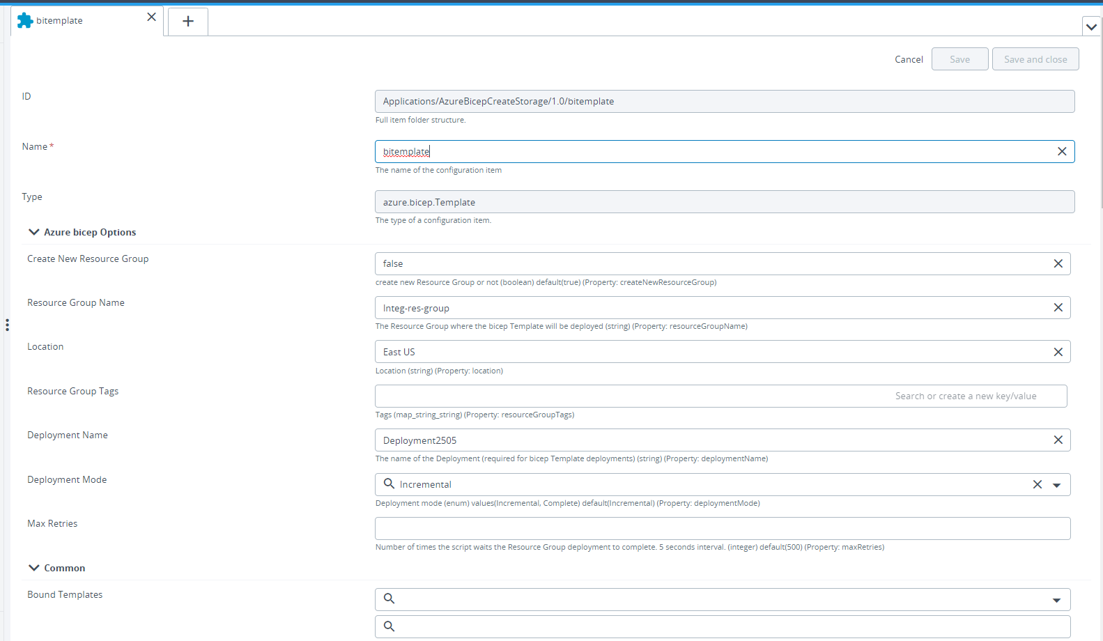 Deploy Azure Bicep Template- Fields