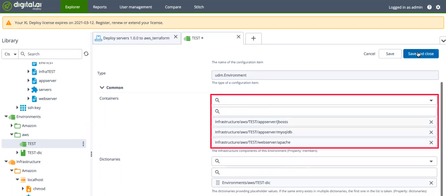 Add the containers to the TEST environment