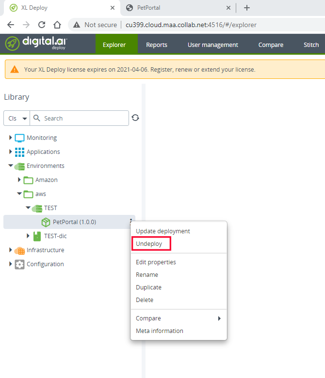 Undeploy the PetPortal application