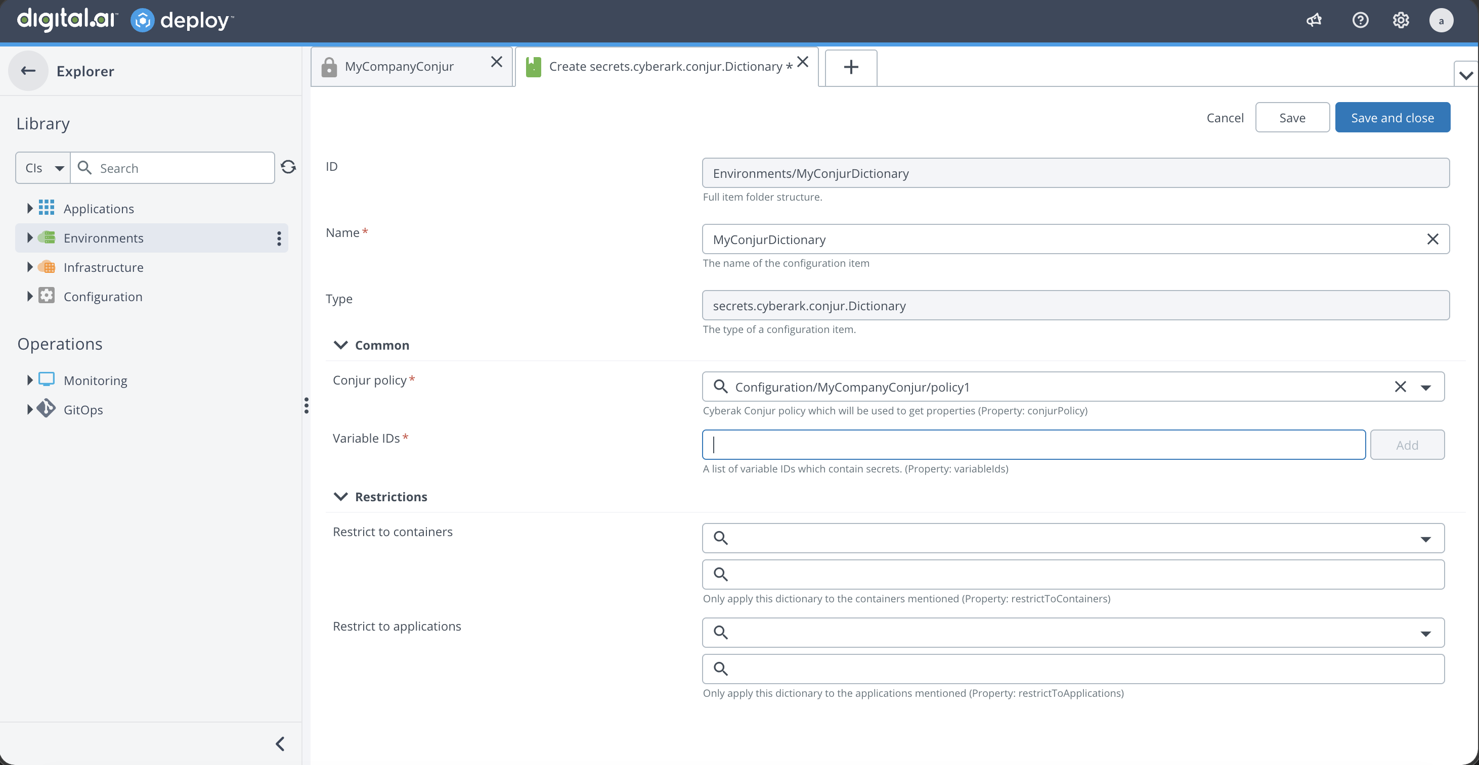 Create a Conjur dictionary