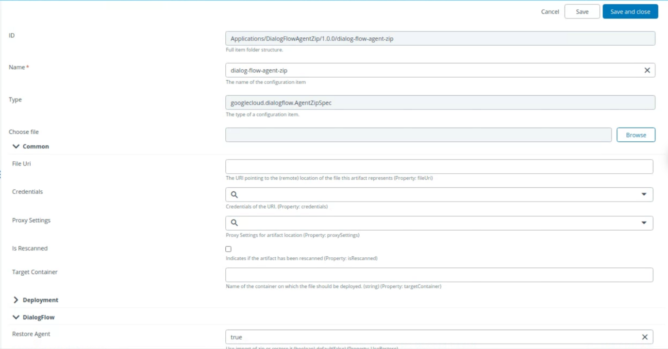 Configure DialogFlow Agent ZIP Spec