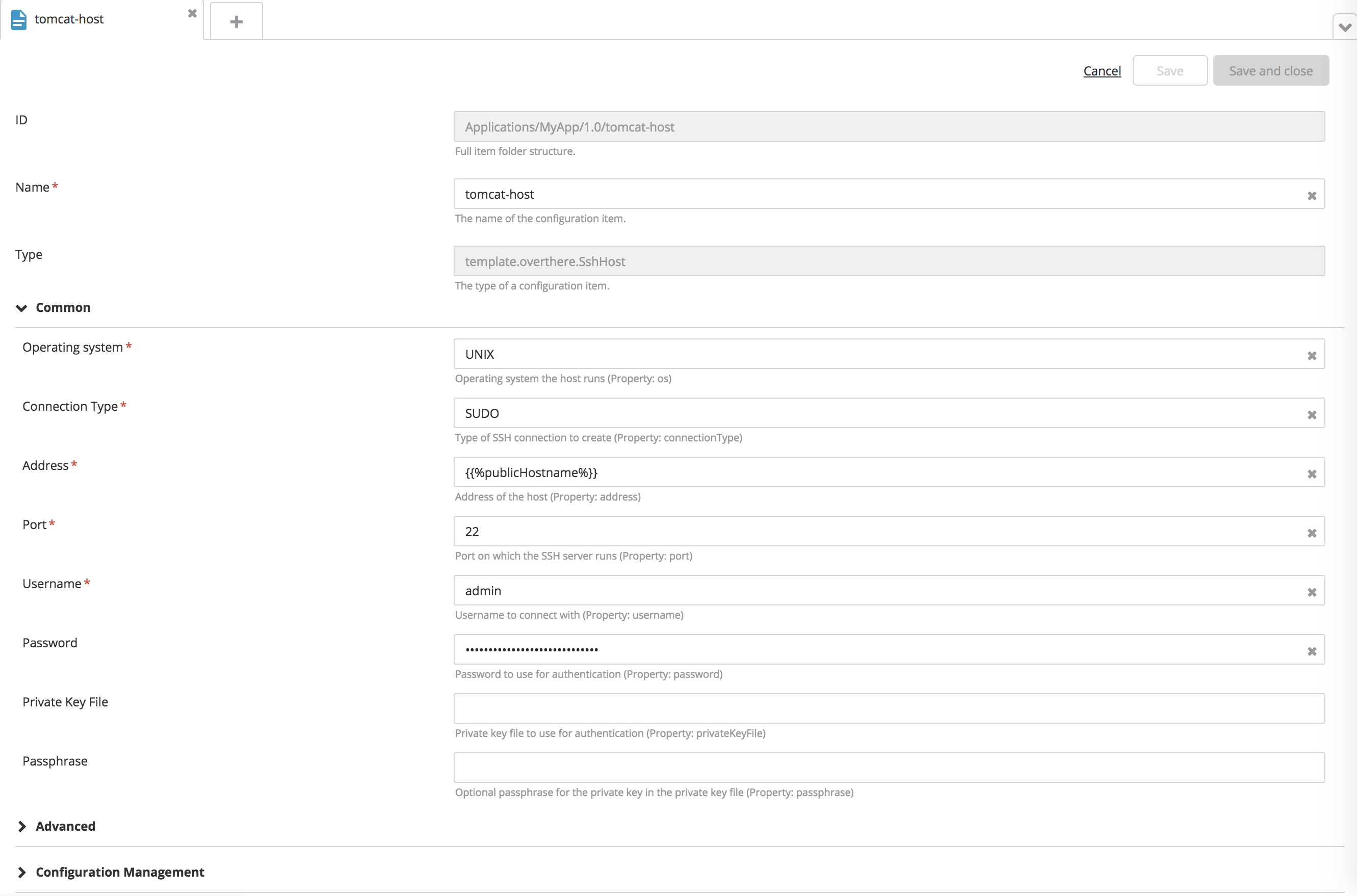 Sample template.overthere.SshHost with contextual placeholder