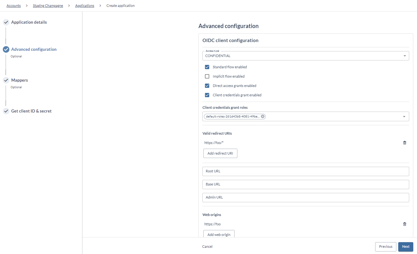 The Advanced configuration page, showing the OIDC client configuration section with the access type, the enabled flow checkboxes, the client credentials grant roles, the valid redirect URIs, and the web origins.