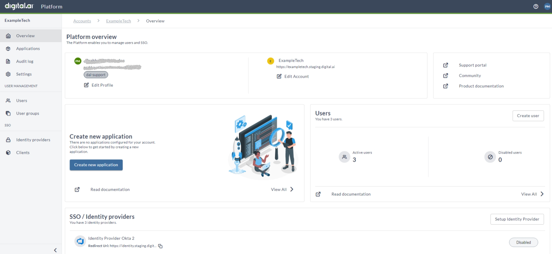 The Platform Overview page, showing the profile, account, and quick links cards along the top, the Applications and Users cards below them, the SSO and identity providers card at the bottom, and the left navigation listing Overview, Applications, Audit log, Settings, User Management, and SSO.
