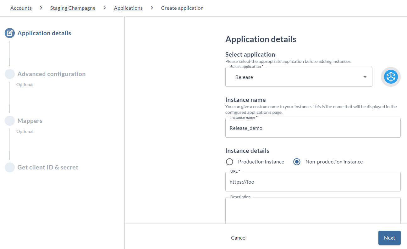 The Application details page of the Create application wizard, showing the Select application dropdown set to Release, the Instance name field, the production and non-production radio buttons, and the URL and Description fields.