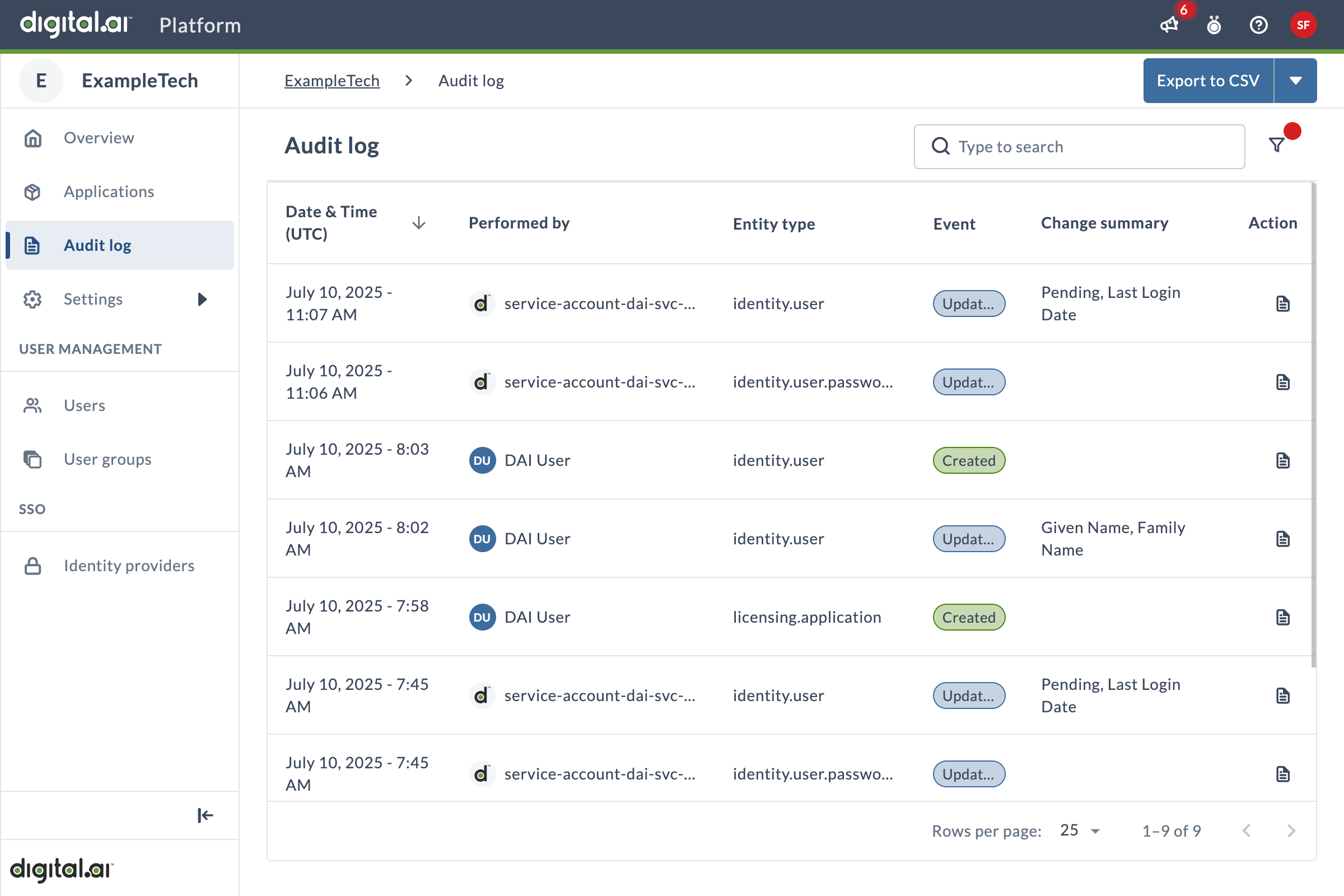 A screenshot of the audit log page
