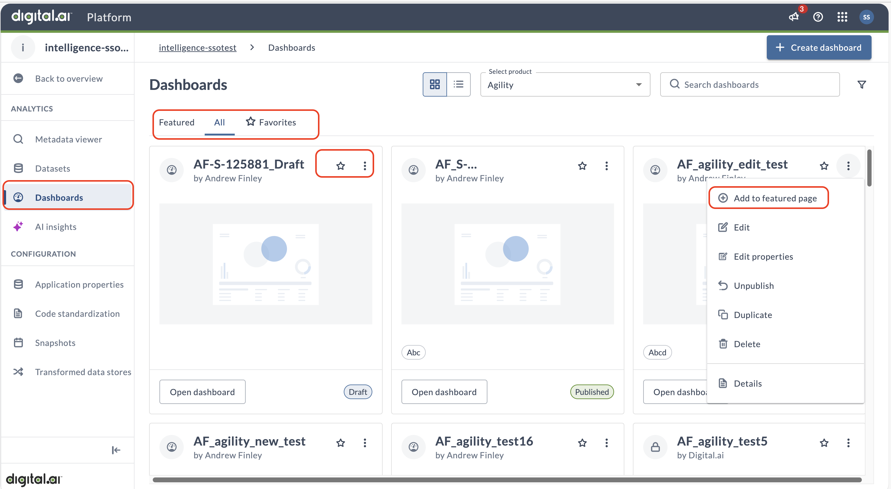 Dashboard actions menu