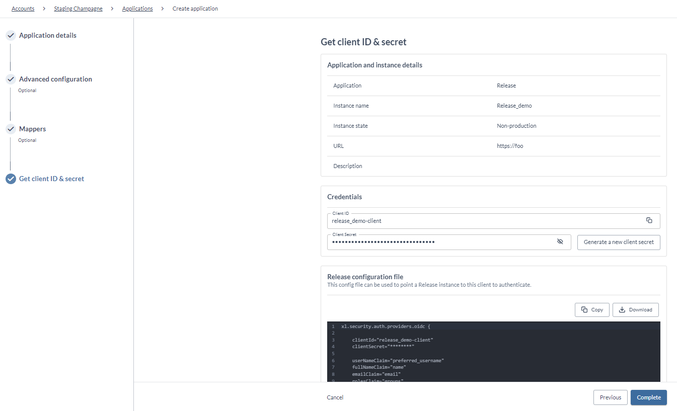 The Get client ID and secret page, showing the application and instance details, the Credentials section with the client ID and masked client secret, and the downloadable product configuration file.