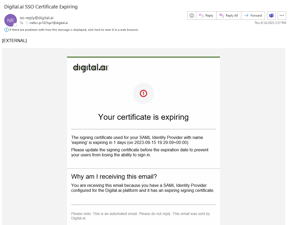 sso certificate expiry in 21 days