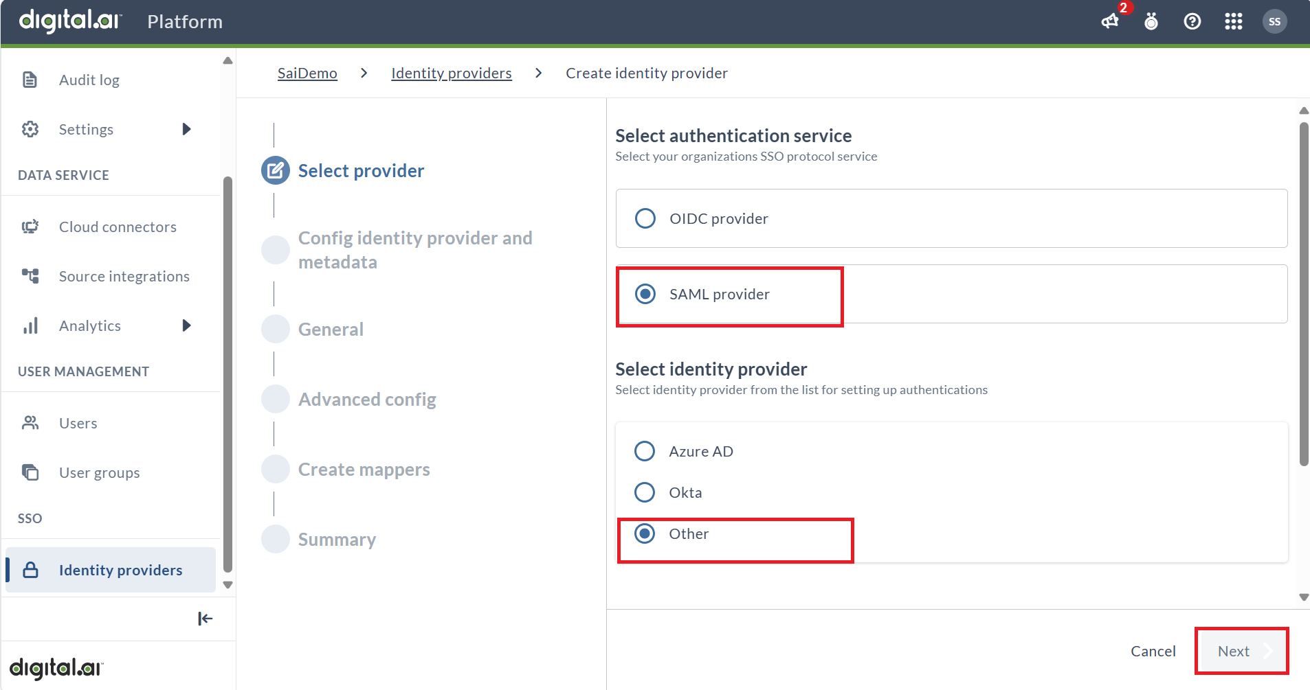 Select SAML Identity Provider 