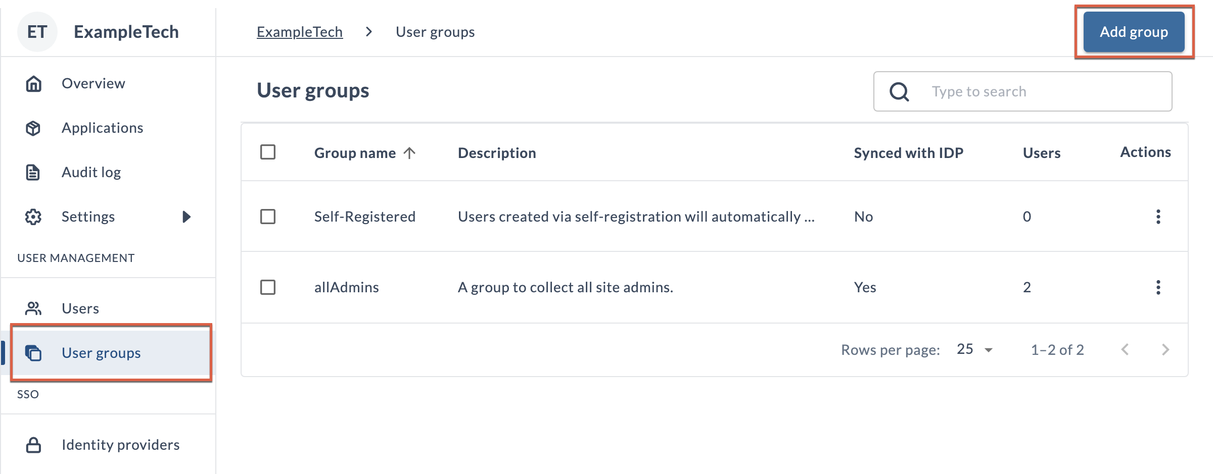 Screenshot of the User groups page