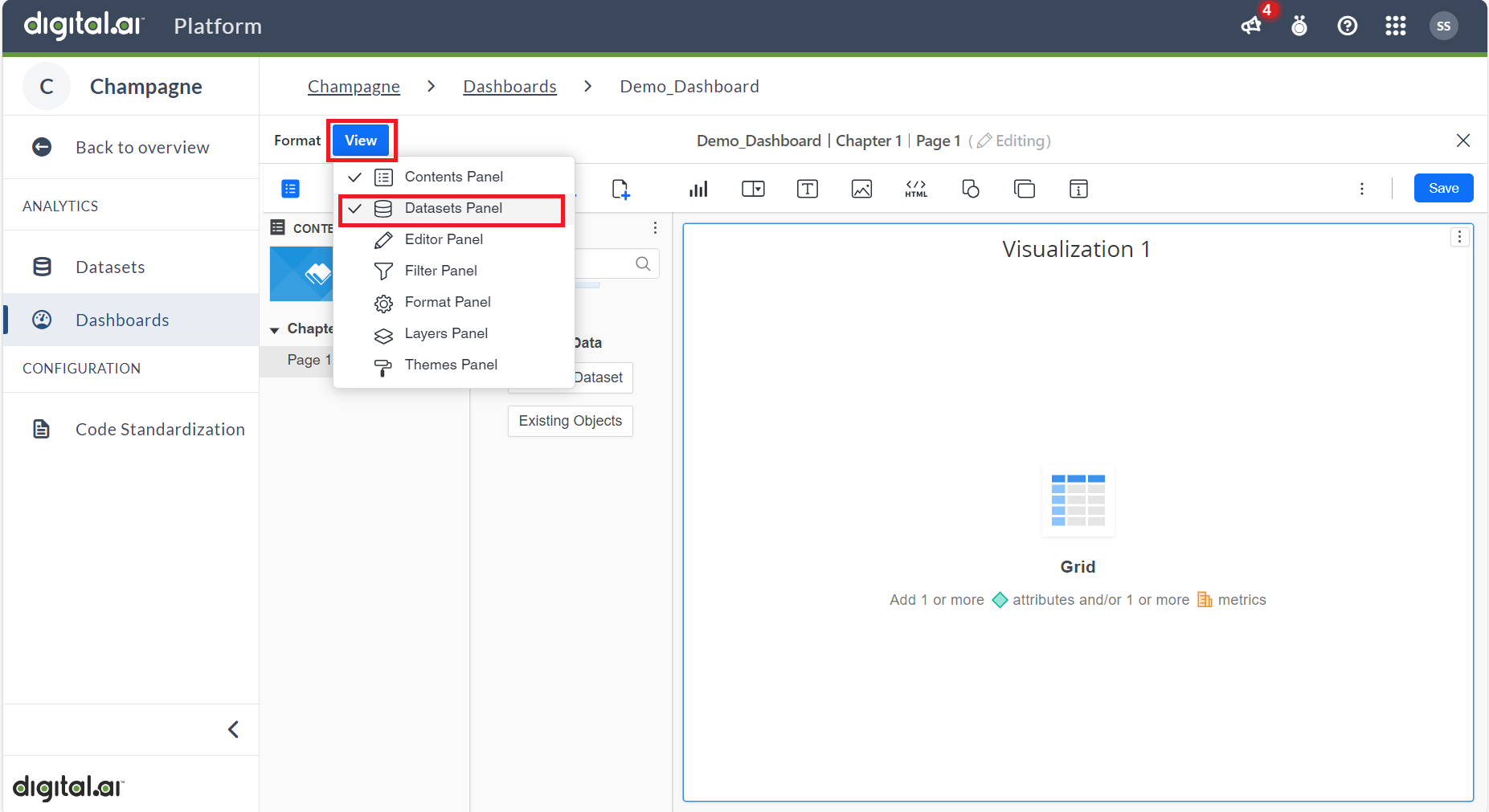 Select View for selecting Datasets Panel