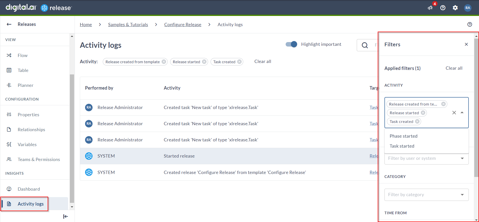 Activity logs page with the filter drawer open, showing applied Activity filters and Category options